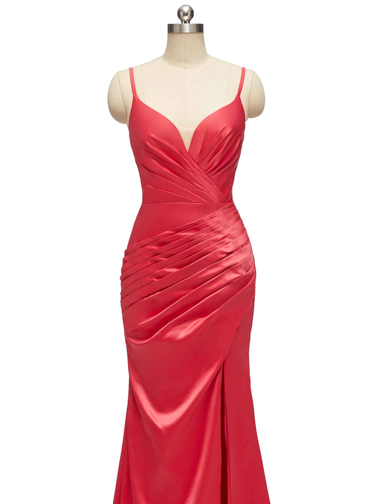 Elegant Spaghetti straps V-neck Mermaid Long Silky Satin Bridesmaid Dresses Online