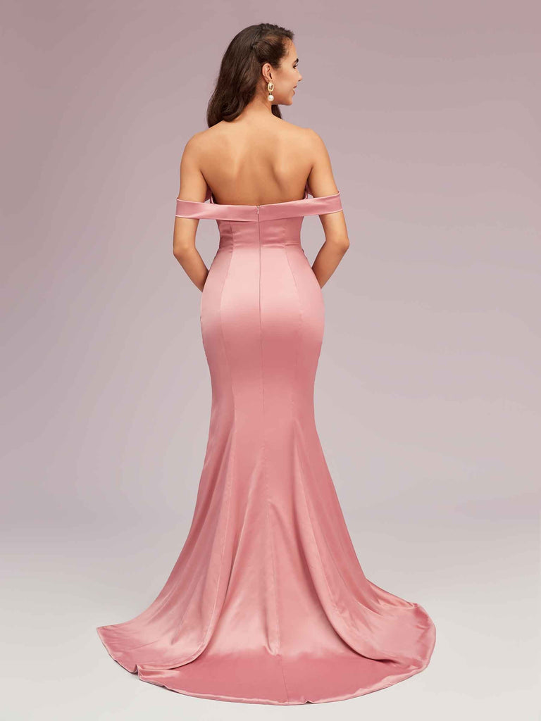 Sexy Off Shoulder Mermaid Long Silky Satin Formal Prom Dresses 2023