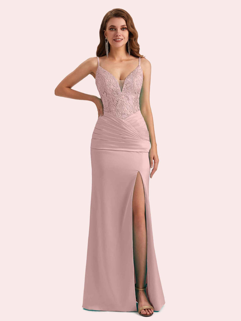 Simple Spaghetti Straps Mermaid Lace Side Slit Soft Satin Long Matron of Honor Dress For Wedding