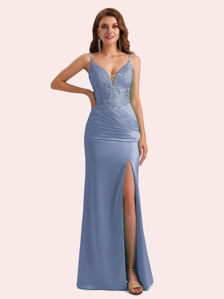 Simple Spaghetti Straps Mermaid Lace Side Slit Soft Satin Long Matron of Honor Dress For Wedding