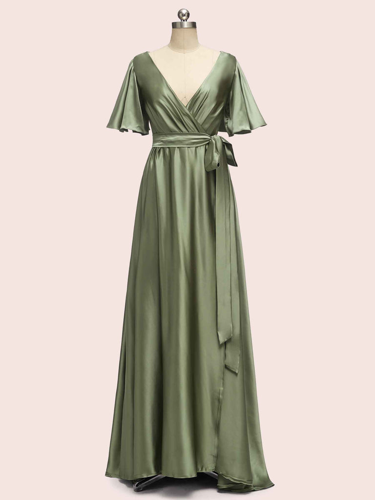 Elegant V-Neck A-Line Long Soft Satin Short Sleeve Bridesmaid Dresses Elegant V-Neck A-Line Long Soft Satin Short Sleeve Bridesmaid Dresses