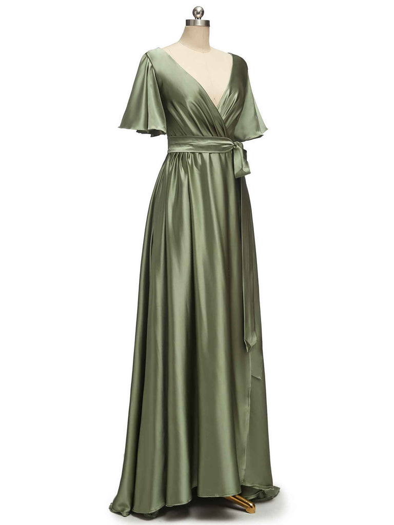 Elegant V-Neck A-Line Long Soft Satin Short Sleeve Bridesmaid Dresses