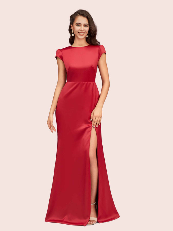 Sexy Open Back Mermaid Jewel Neck Long Soft Satin Bridesmaid Dresses Online