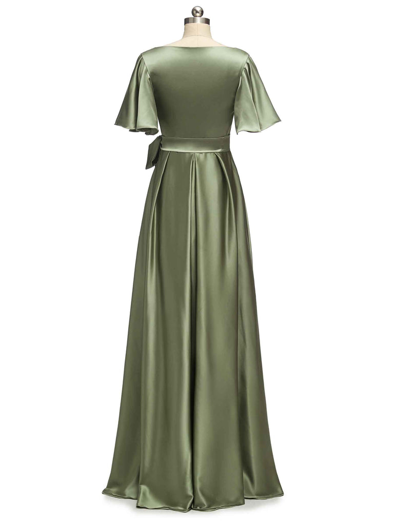 Elegant V-Neck A-Line Long Soft Satin Short Sleeve Bridesmaid Dresses Elegant V-Neck A-Line Long Soft Satin Short Sleeve Bridesmaid Dresses