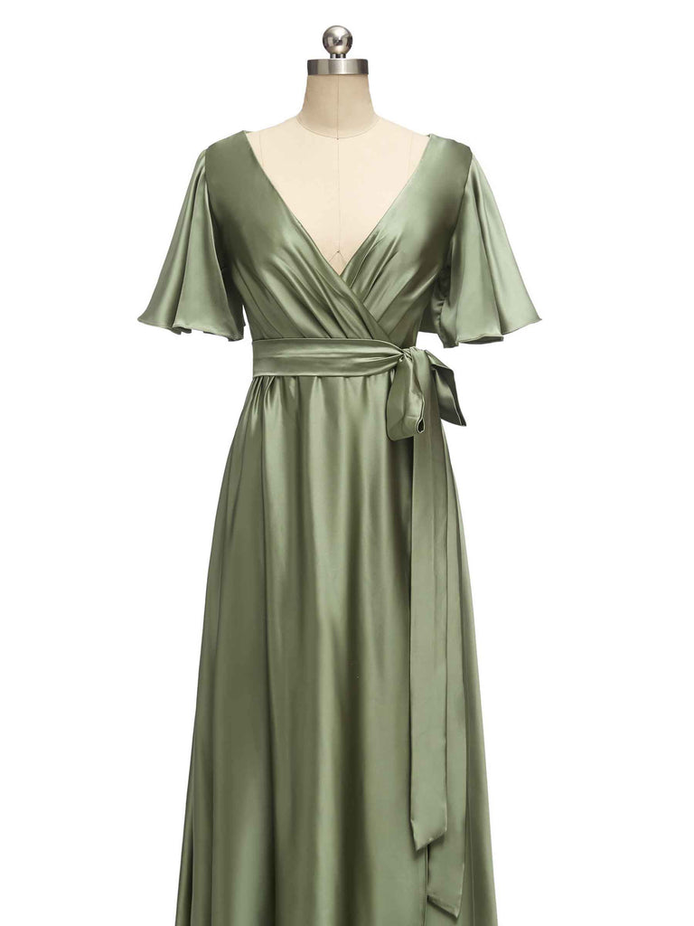 Elegant V-Neck A-Line Long Soft Satin Short Sleeve Bridesmaid Dresses Elegant V-Neck A-Line Long Soft Satin Short Sleeve Bridesmaid Dresses