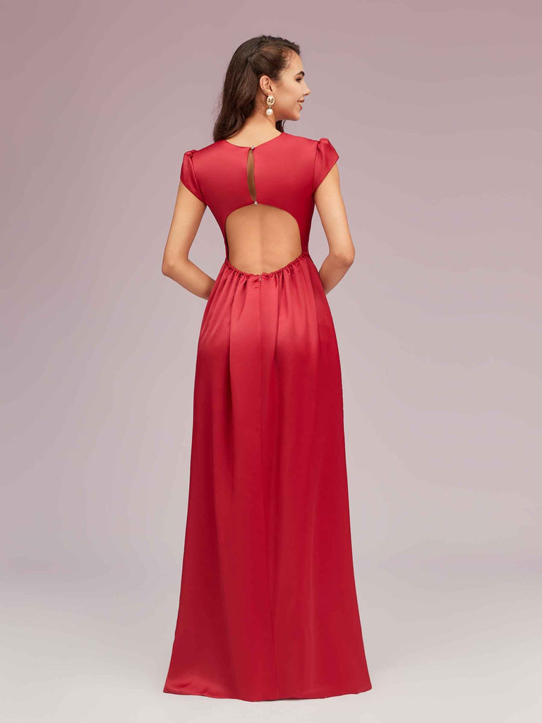 Sexy Open Back Mermaid Short Sleeves Long Silky Satin Formal Prom Dresses Online
