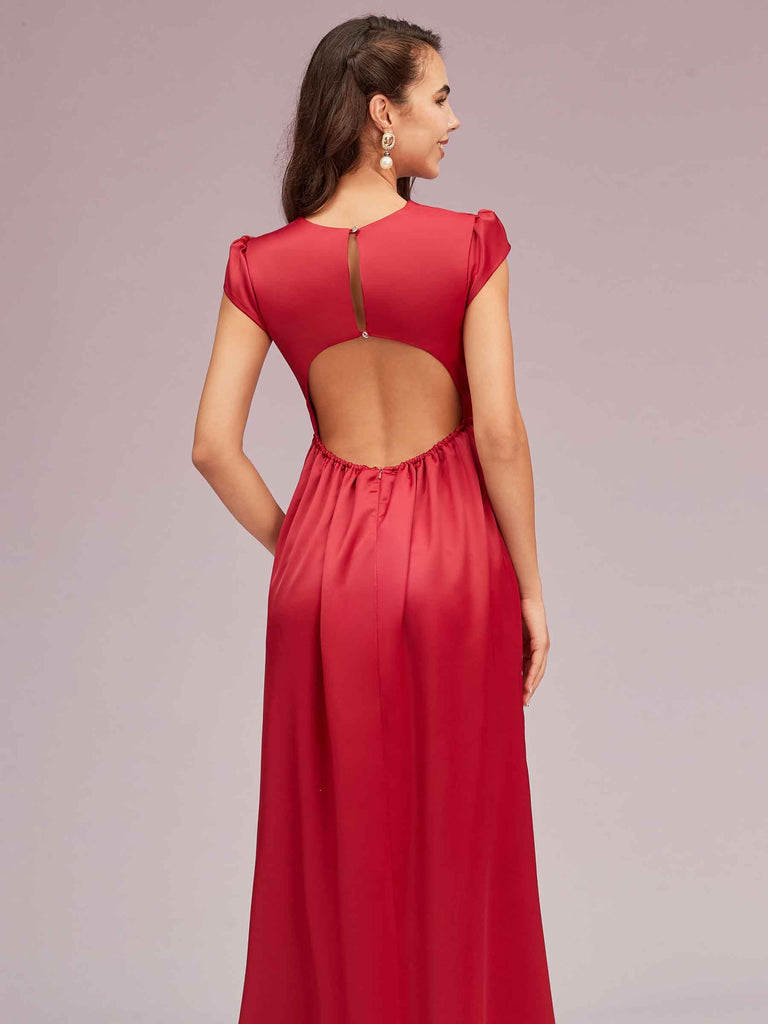 Sexy Open Back Mermaid Short Sleeves Long Silky Satin Formal Prom Dresses Online
