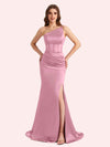 Sexy Mermaid One Shoulder Side Slit Soft Satin Maxi Long Bridesmaid Dress For Wedding