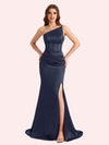 Sexy Mermaid One Shoulder Side Slit Soft Satin Maxi Long Bridesmaid Dress For Wedding