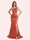 Sexy Mermaid One Shoulder Side Slit Soft Satin Maxi Long Bridesmaid Dress For Wedding