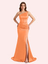 Sexy Mermaid One Shoulder Side Slit Soft Satin Maxi Long Bridesmaid Dress For Wedding