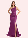 Sexy Mermaid One Shoulder Side Slit Soft Satin Maxi Long Bridesmaid Dress For Wedding