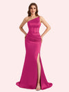 Sexy Mermaid One Shoulder Side Slit Soft Satin Maxi Long Bridesmaid Dress For Wedding