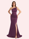 Sexy Mermaid One Shoulder Side Slit Soft Satin Maxi Long Bridesmaid Dress For Wedding