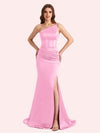Sexy Mermaid One Shoulder Side Slit Soft Satin Maxi Long Bridesmaid Dress For Wedding