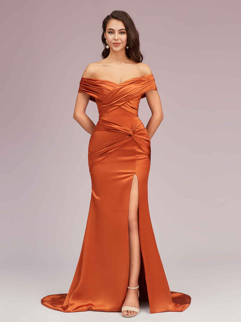 Sexy Side Slit Mermaid Off Shoulder Long Soft Satin Bridesmaid Dresses Online Sexy Side Slit Mermaid Off Shoulder Long Soft Satin Bridesmaid Dresses Online