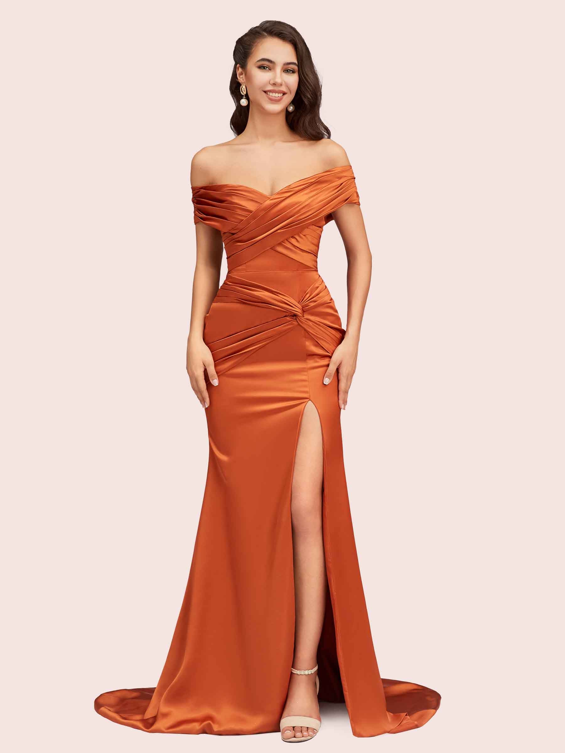 Sexy Side Slit Mermaid Off Shoulder Long Soft Satin Bridesmaid Dresses Online