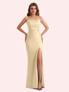 Simple Mermaid Side Slit Spaghetti Straps Soft Satin Long Bridesmaid Dress For Wedding