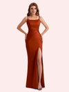 Simple Mermaid Side Slit Spaghetti Straps Soft Satin Long Bridesmaid Dress For Wedding