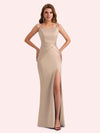 Simple Mermaid Side Slit Spaghetti Straps Soft Satin Long Bridesmaid Dress For Wedding
