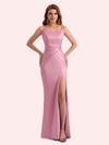 Simple Mermaid Side Slit Spaghetti Straps Soft Satin Long Bridesmaid Dress For Wedding