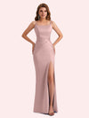 Simple Mermaid Side Slit Spaghetti Straps Soft Satin Long Bridesmaid Dress For Wedding