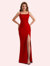 Simple Mermaid Side Slit Spaghetti Straps Soft Satin Long Bridesmaid Dress For Wedding