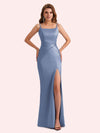 Simple Mermaid Side Slit Spaghetti Straps Soft Satin Long Bridesmaid Dress For Wedding