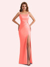 Simple Mermaid Side Slit Spaghetti Straps Soft Satin Long Bridesmaid Dress For Wedding