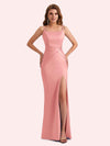 Simple Mermaid Side Slit Spaghetti Straps Soft Satin Long Bridesmaid Dress For Wedding