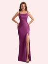 Simple Mermaid Side Slit Spaghetti Straps Soft Satin Long Bridesmaid Dress For Wedding