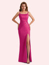 Simple Mermaid Side Slit Spaghetti Straps Soft Satin Long Bridesmaid Dress For Wedding