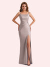 Simple Mermaid Side Slit Spaghetti Straps Soft Satin Long Bridesmaid Dress For Wedding