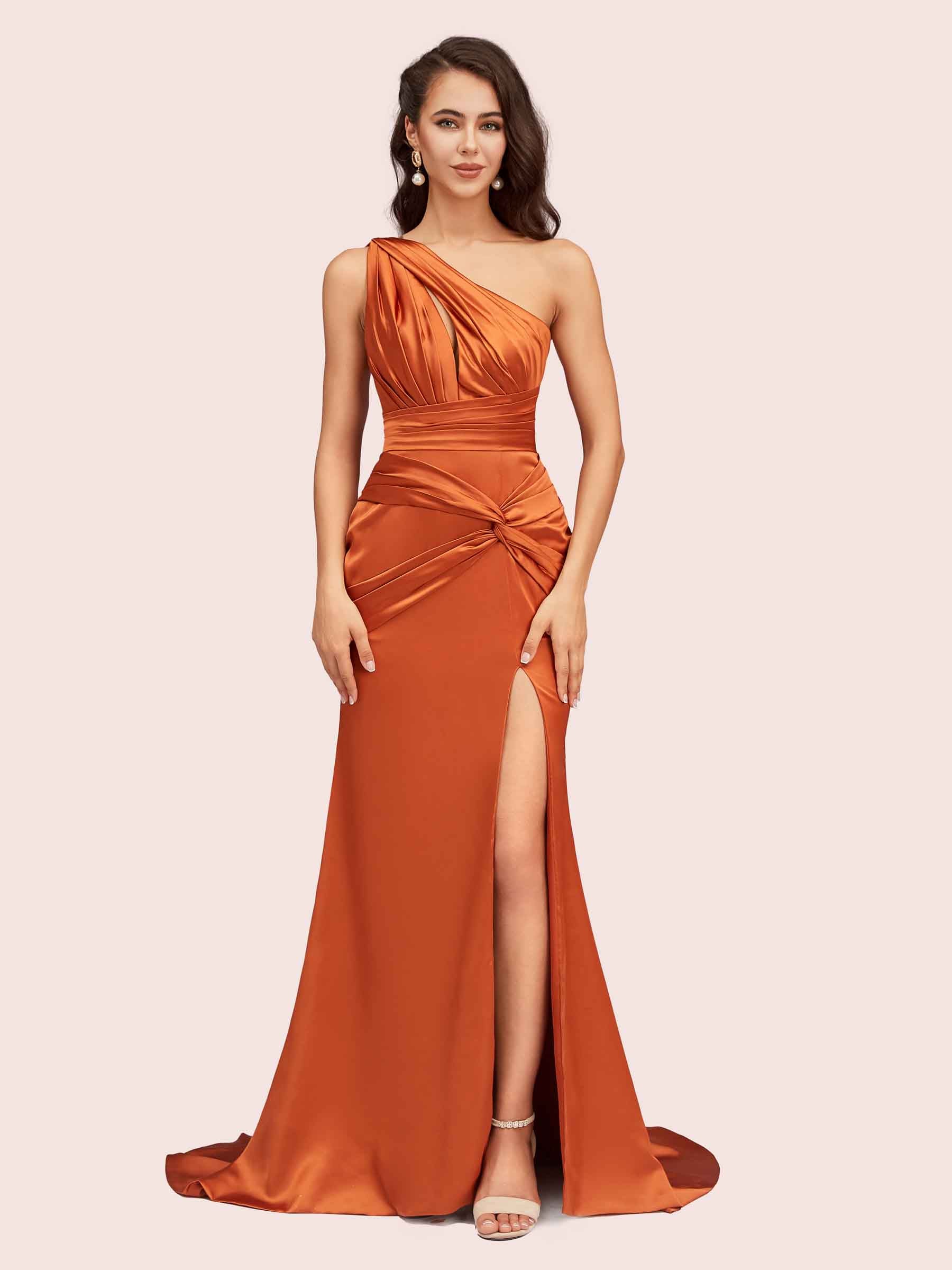 Sexy Side Slit Mermaid One Shoulder Long Soft Satin Bridesmaid Dresses Online