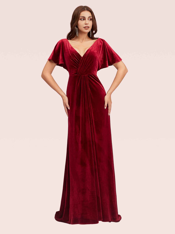 Elegant Velvet Bat Sleeves V-neck Long Bridesmaid Dresses Online