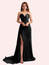 Elegent Mermaid Side Slit Strapless Soft Satin Long Bridesmaid Dress For Wedding