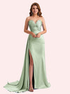 Elegent Mermaid Side Slit Strapless Soft Satin Long Bridesmaid Dress For Wedding