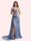 Elegent Mermaid Side Slit Strapless Soft Satin Long Bridesmaid Dress For Wedding