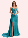 Elegent Mermaid Side Slit Strapless Soft Satin Long Bridesmaid Dress For Wedding