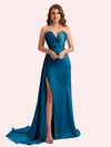 Elegent Mermaid Side Slit Strapless Soft Satin Long Bridesmaid Dress For Wedding