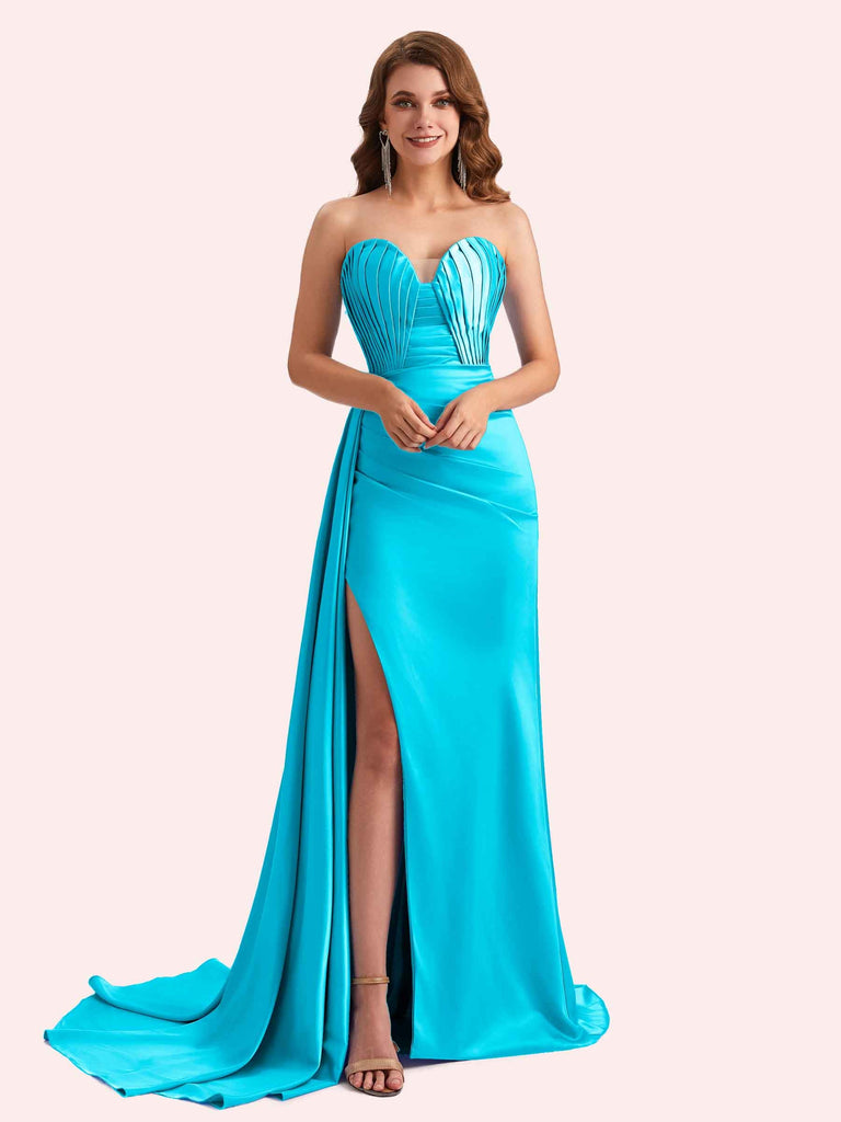 Elegent Mermaid Side Slit Strapless Soft Satin Long Bridesmaid Dress For Wedding