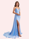Elegent Mermaid Side Slit Strapless Soft Satin Long Bridesmaid Dress For Wedding