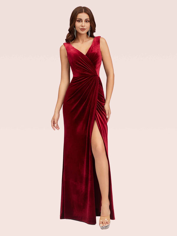 Sexy V Neck Long Velvet Bridesmaid Dresses Online With Slit