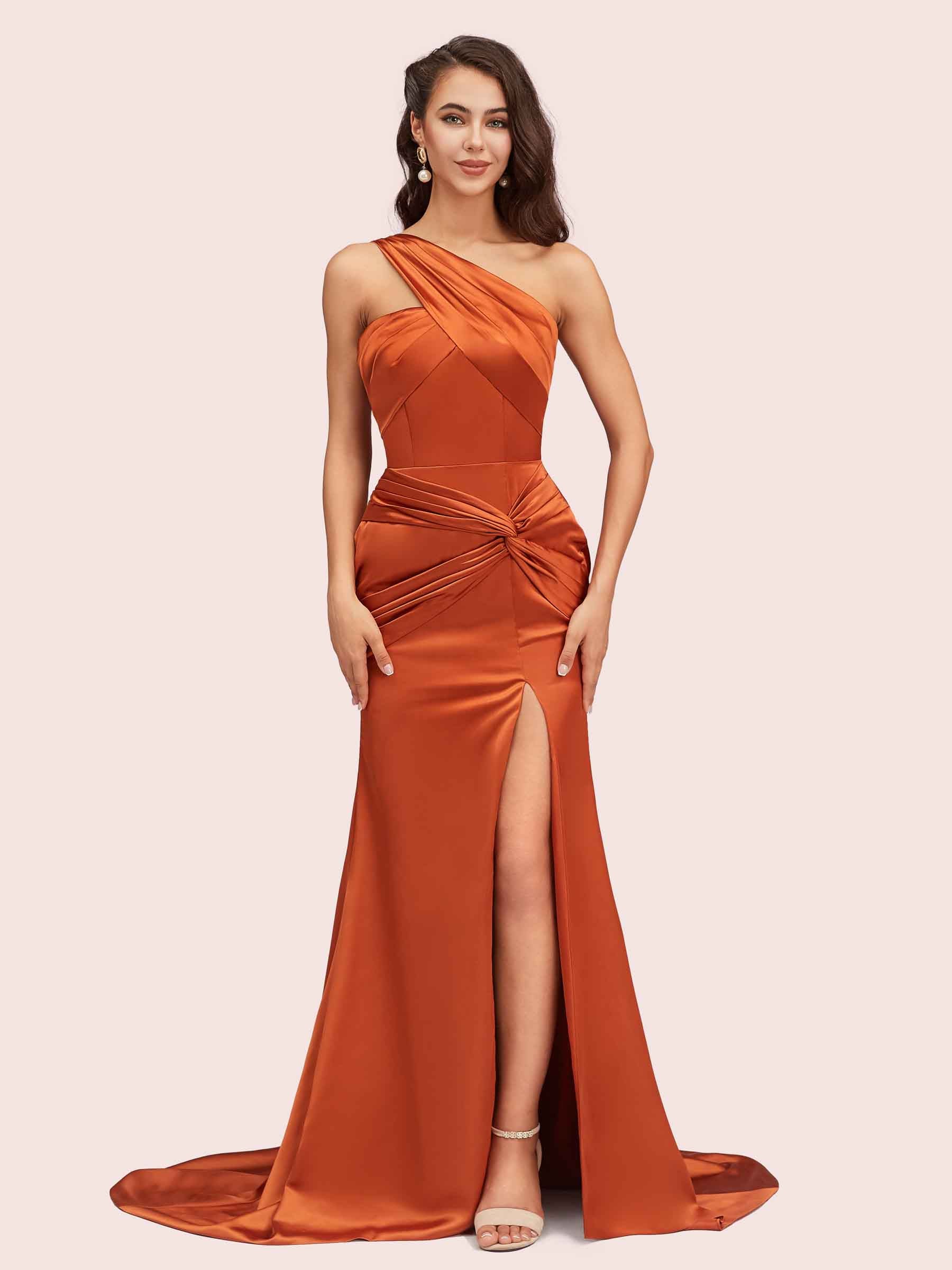 Sexy Mermaid One Shoulder Long Soft Satin Side Slit Bridesmaid Dresses Online