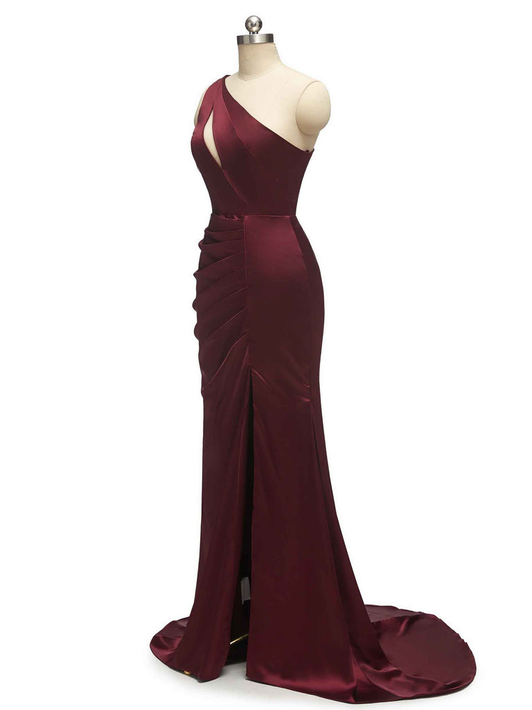 Sexy Mermaid One Shoulder Long Soft Satin Formal Prom Dresses With Slit