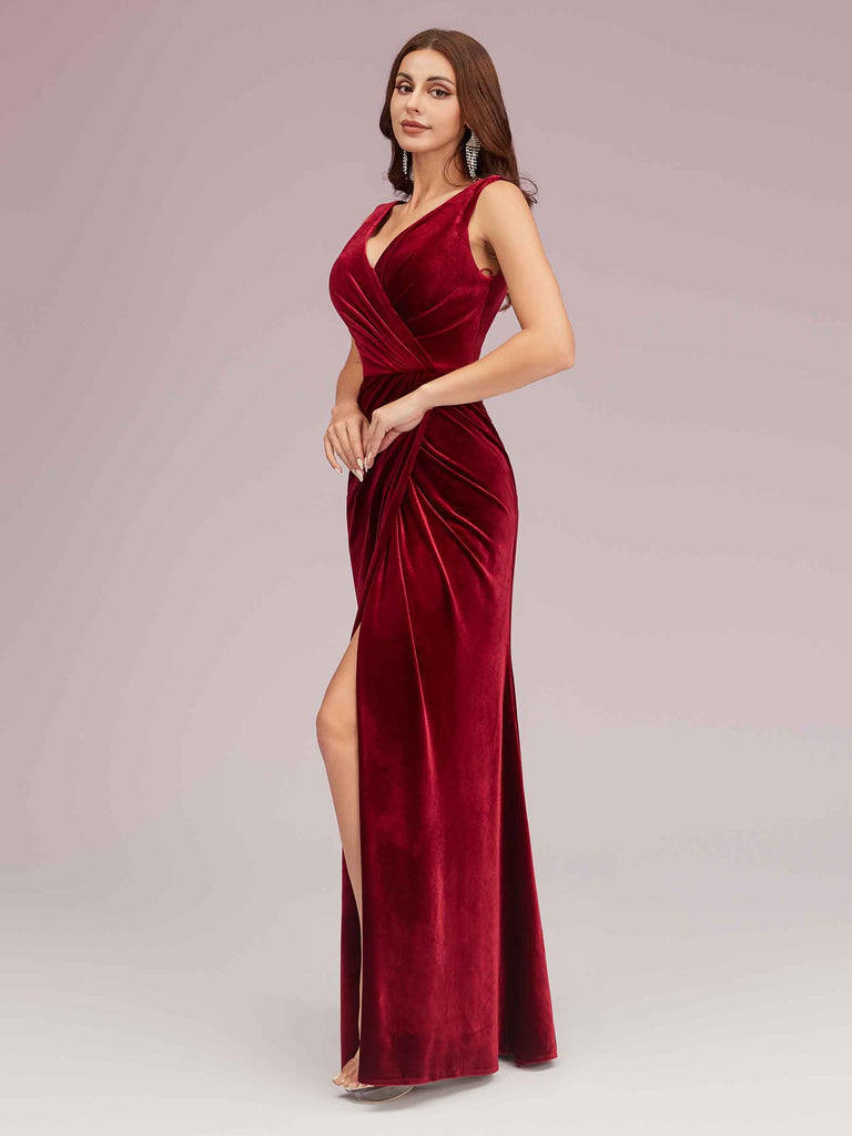 Sexy V Neck Long Velvet Bridesmaid Dresses Online With Slit Sexy V Neck Long Velvet Bridesmaid Dresses Online With Slit