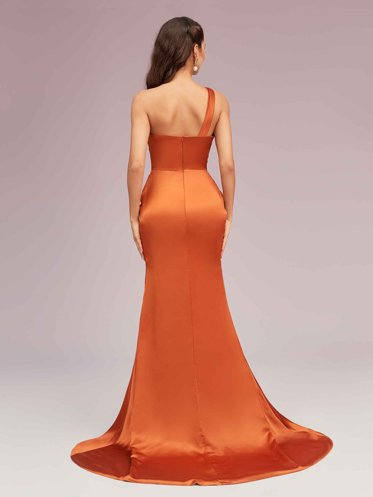 Sexy Mermaid One Shoulder Long Soft Satin Side Slit Bridesmaid Dresses Online Sexy Mermaid One Shoulder Long Soft Satin Side Slit Bridesmaid Dresses Online