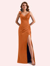 Elegent Mermaid Pleats Side Slit Spaghetti Straps Soft Satin Long Bridesmaid Dress For Wedding