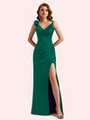 Elegent Mermaid Pleats Side Slit Spaghetti Straps Soft Satin Long Bridesmaid Dress For Wedding