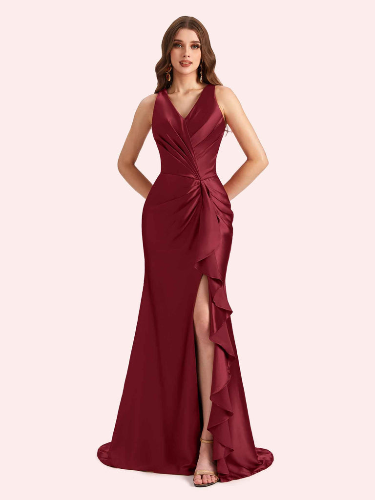 Sexy V-neck Mermaid Side Slit Soft Satin Long Bridesmaid Dress For Wedding Online Sexy V-neck Mermaid Side Slit Soft Satin Long Bridesmaid Dress For Wedding Online